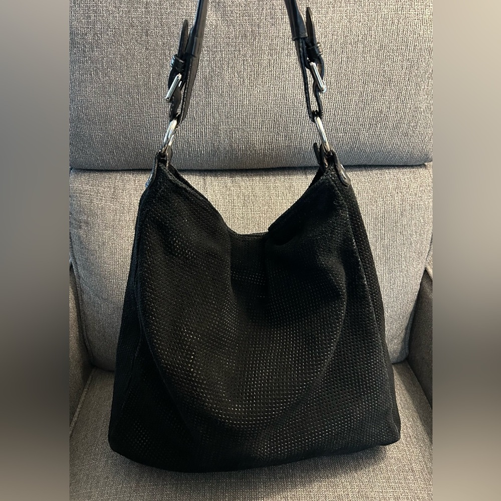 Italian Black Suede Shoulder Tote Bag - Classic Style